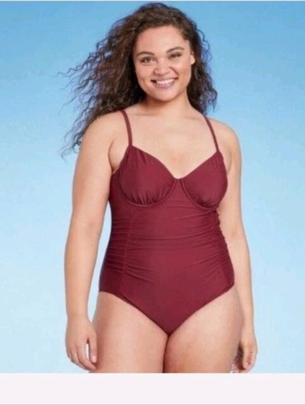 Shade & Shore Shirred Underwire One Piece Swimsuit Womens Marroon NWT
